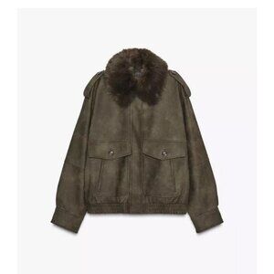 FAUX SUEDE JACKET WITH REMOVABLE large khaki COLLAR